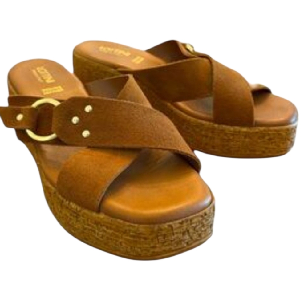 NEW Lottini Suede Boho Wedge Sandals - Camel